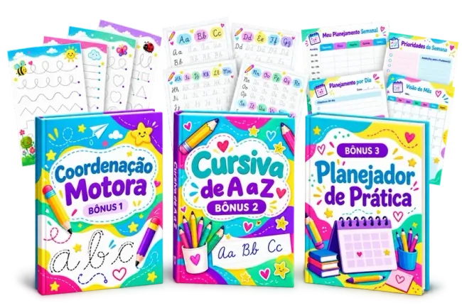 Os três bônus: Coordenação Motora, Cursiva de A a Z e Planejador de Prática